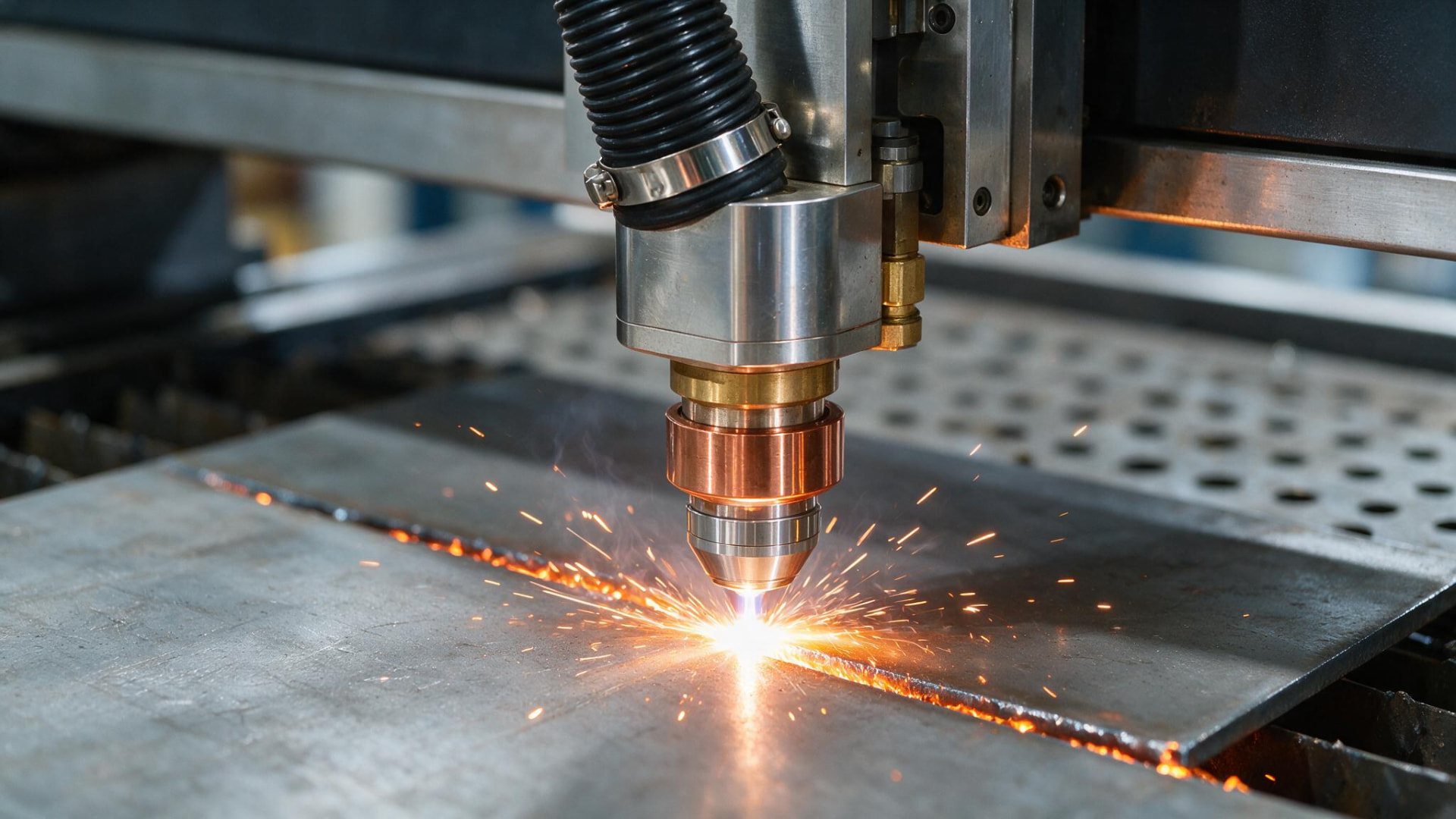 Cabeçote de laser de fibra CNC cortando chapa de aço com faíscas
