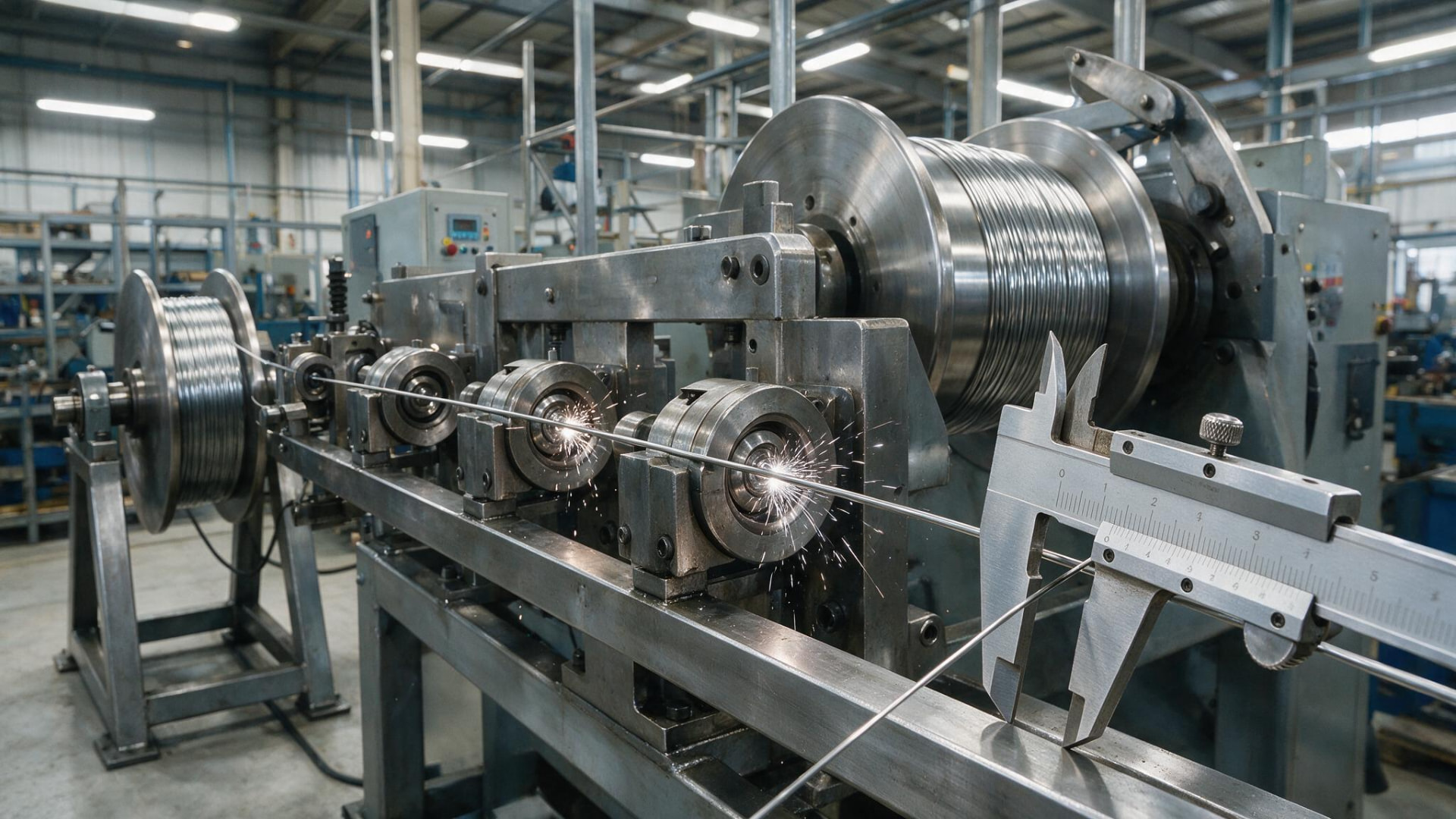 Máquina trefiladora em operação puxando arame de aço na fábrica